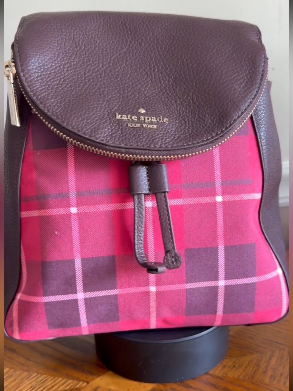 kate spade Leila red and black plaid Backpack with leather trim Near new - Picture 5 of 14